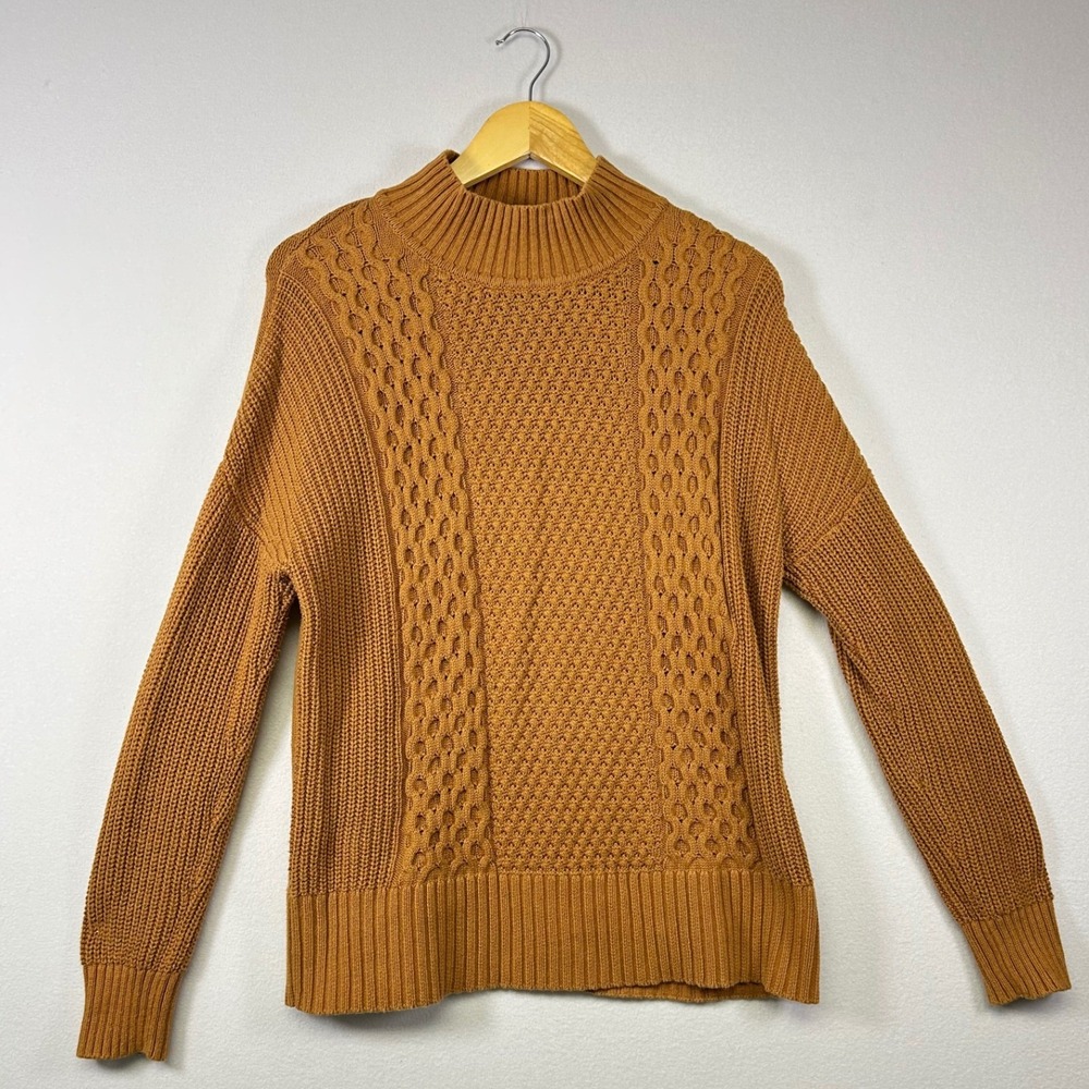 Gap Cable Knit Sweater Womens Small Mustard Yellow Mock Neck Cotton‎ Honeycomb